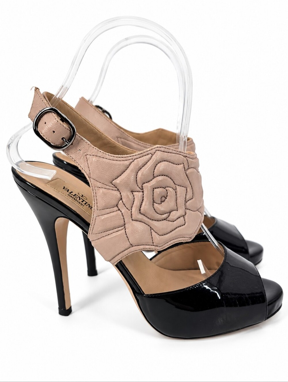 Valentino Garavani Black Patent Rose Printed Peep Toe Sandals Size 37